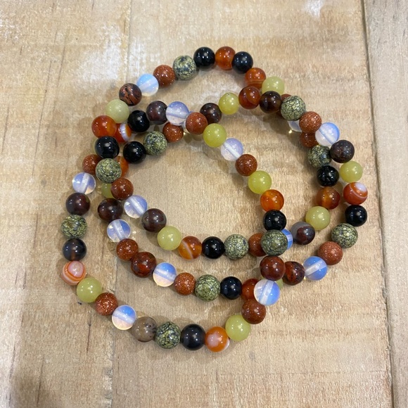 Multi color hard stone beaded intertwined bracelet stretch Opal onyx - Picture 5 of 10